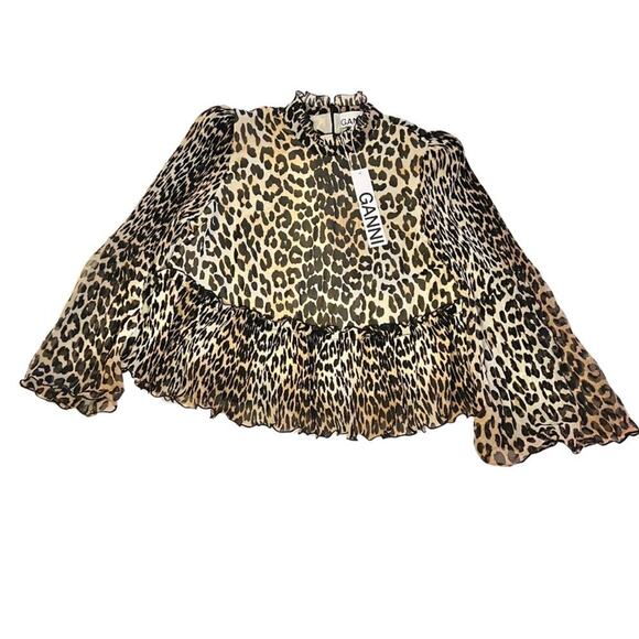 Ganni Leopard Print Pleated Bell Sleeve Crop Blouse - Picture 2 of 7